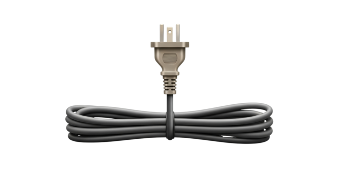 Gray power cord neatly coiled and secured against a stark black studio background view