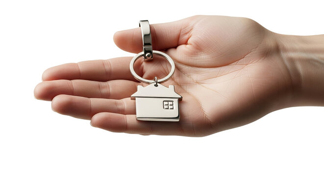 Hand holding house shaped keychain representing real estate and home ownership concept