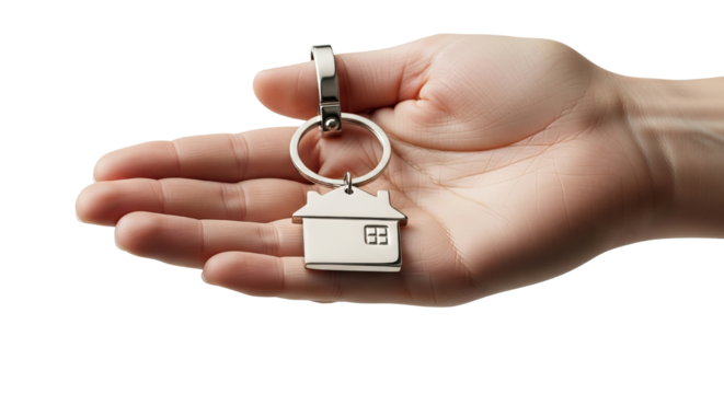 Hand holding house shaped keychain representing real estate and home ownership concept