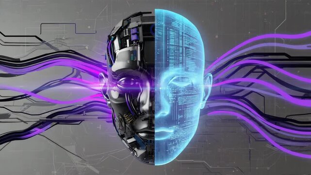 Futuristic A I robot head split showing mechanical interior and glowing digital face with data