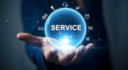 Hand holding glowing sphere with service text and digital icons around