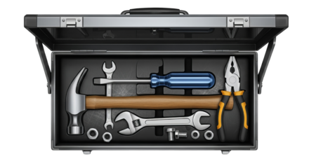 Toolbox filled with various hand tools including a hammer wrenches pliers screwdriver