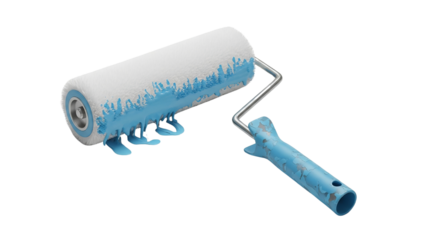 Paint roller with light blue paint dripping down the white roller