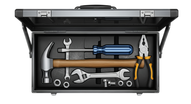 Toolbox filled with various hand tools including a hammer wrenches pliers screwdriver