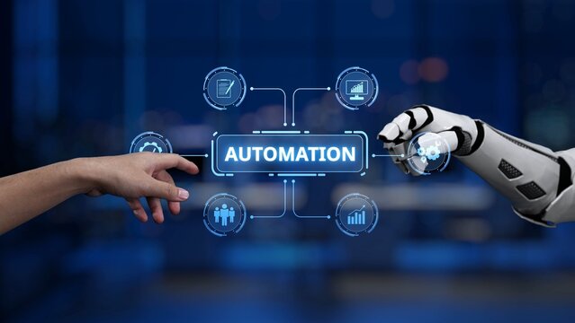 A creative representation of automation blending human and robotic elements in a contemporary office, emphasizing the synergy between technology and human effort in modern work. Synapse