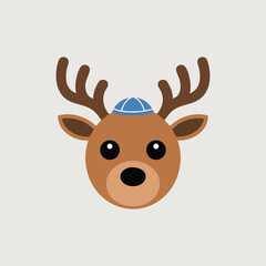 Cute Flat Reindeer Head Wearing Blue Jewish Kippah