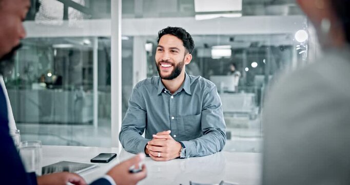 Interview, smile and man in office with conversation, discussion or meeting for onboarding. Happy, contract or hiring manager in agency with talking, candidate or recruitment for career opportunity.
