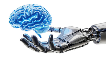 Robotic hand holding a glowing brain representing artificial intelligence technology 3D