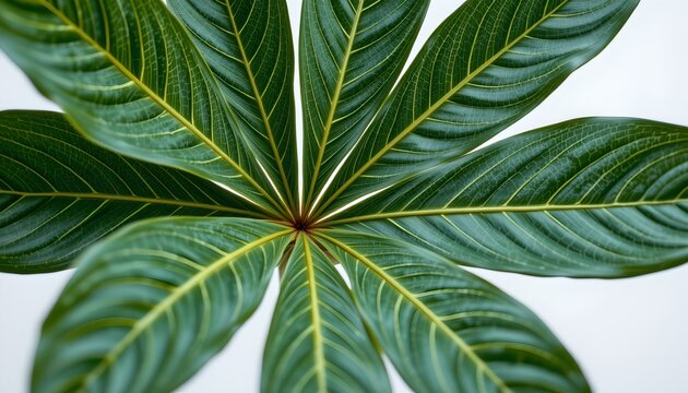 A large, vibrant green plant with broad, feather like leaves that are densely packed around the central stem