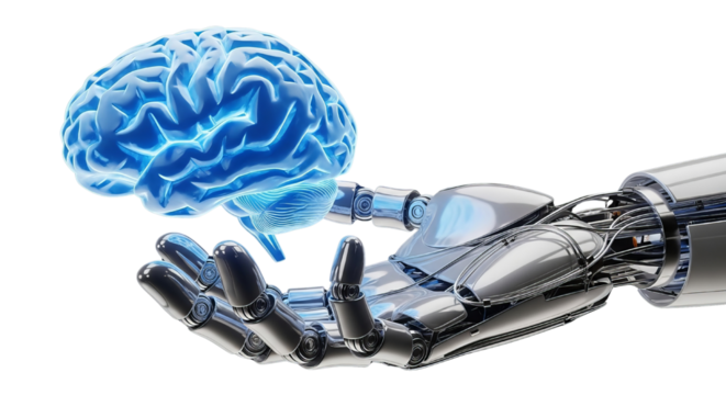 Robotic hand holding a glowing brain representing artificial intelligence technology 3D
