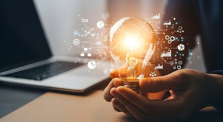 Hands holding a light bulb surrounded by digital icons representing innovation and technology