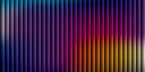 Neon ribbed fractal glass 3d background. Holographic vertical stripe pattern with vibrant purple blue yellow gradient. Abstract black bg, iridescent texture lines in radiant colors. 3D illustration