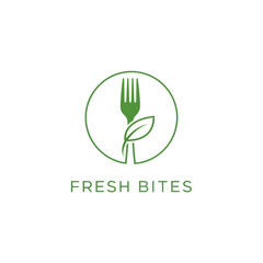 Fresh Bites Logo Design with Fork and Leaf Symbol.
