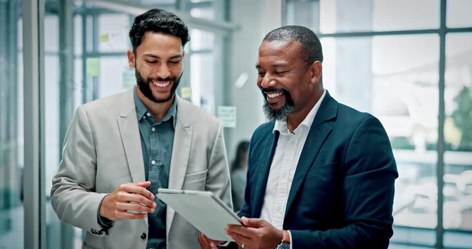 Financial advisor, talking and men in office, tablet and communication with trading portfolio. Employees, investor and business people with tech, teamwork and advice for profit report and b2b deal