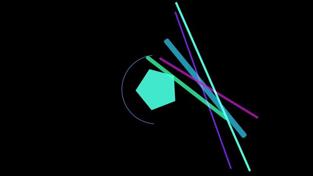 Geometric shapes dance in the dark, a vibrant turquoise pentagon amidst a symphony of lines in teal, purple, and green, creating a modern abstract art piece