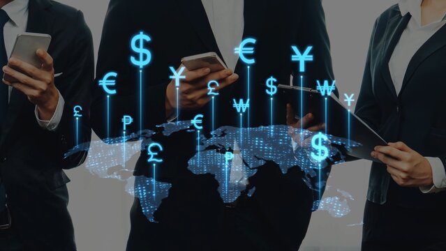 Business professionals engage with digital devices while analyzing global currency exchange rates, showcasing a modern workspace focused on finance and investment strategies. Raster - Powered by Adobe