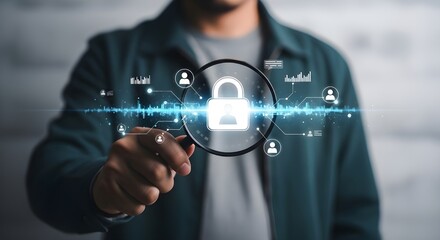 Man holding magnifying glass over digital lock data security concept