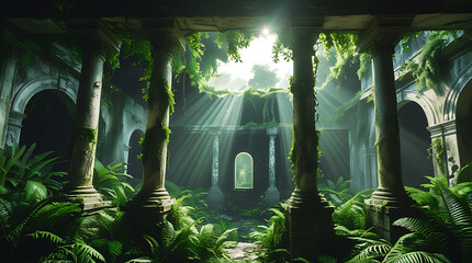 Abandoned Stone Architecture Reclaimed by Jungle, Lush Foliage, Sunlight Rays, Cinematic Fantasy Landscape