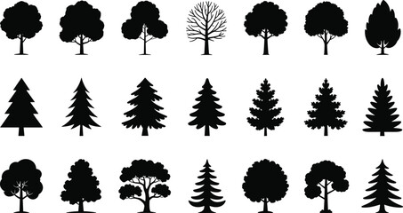 Assortment of black silhouette trees with rounded and conical shapes on white Keywords: tree, trees, silhouette, black, nature