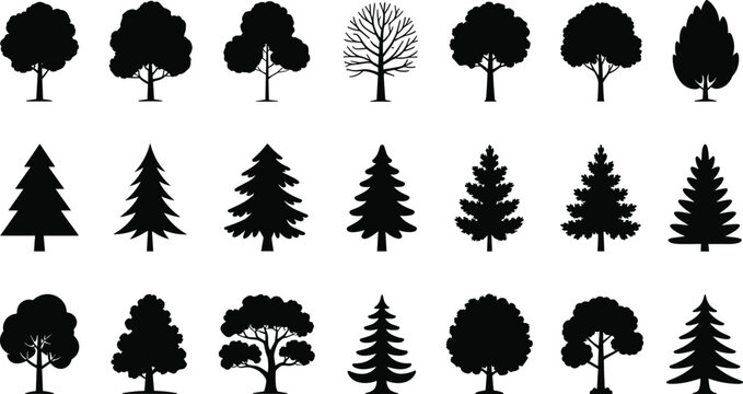 Assortment of black silhouette trees with rounded and conical shapes on white Keywords: tree, trees, silhouette, black, nature