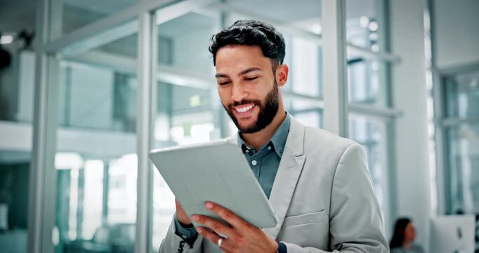 Businessman, smile or scroll with tablet in office for client email, finance report or feedback. Happy, person or browse in workplace with tech for financial proposal, online communication or review.