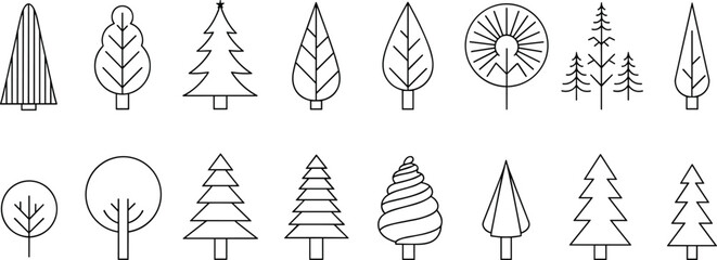 Collection of simple black outline tree icons in various shapes and styles Keywords: tree, icon, outline, black and white
