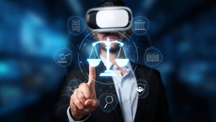 A focused businessman experiences virtual reality as he interacts with a digital representation of justice and legal systems, showcasing innovation in technology. Raster