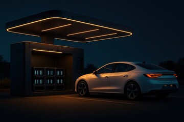 Innovative electric vehicle charging station illuminated at night showcasing advanced technology and sleek automotive design symbolizing a sustainable future in transportation