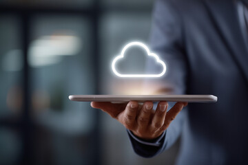 a business professional using cloud security technology on their phone, with icons of clouds and padlocks floating above the device.