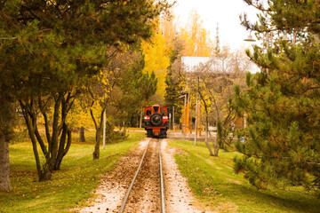 Children's fun train on the rail track with autumn trees,conceptual image