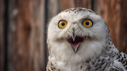 Fototapeta premium Close up portrait of a surprised snowy owl with wide eyes and detailed feathers, capturing wildlife emotion and alert expression, ideal for nature, animal, and bird concepts.
