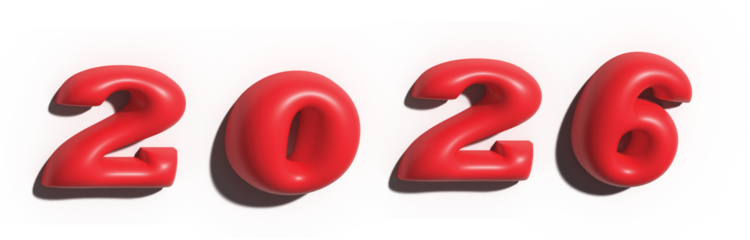 2026 red bubbly 3d text with glitter particles for new year celebration isolated on transparent background