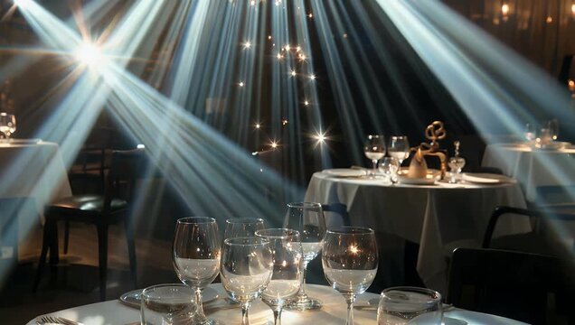 Elegant 4K slow motion video capturing beautiful rays and sparkles of light shining on glass drinking glasses in a restaurant setting during a celebration highlighting the sophisticated table setting