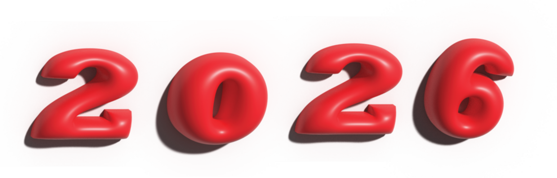 2026 red bubbly 3d text with glitter particles for new year celebration isolated on transparent background