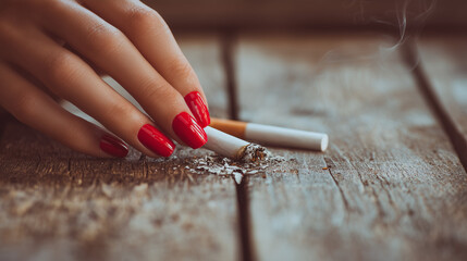 Close up photo of a womans hand extinguishing a cigarette, symbolizing quitting smoking, health awareness, addiction, decision, lifestyle change, and personal choice in a realistic moment.