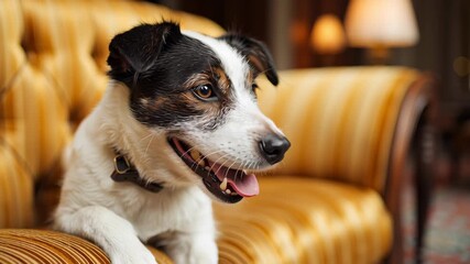 A dog is laying on a couch. The dog is white and black. Close-up of smiling dog sitting on hotel lobby sofa, clean luxurious background, friendly mood, pet friendly hotel