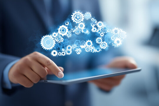 a businessman holding an ipad with cloud computing icons floating above it, symbolizing the data transfer between clouds and devices in a business office background.