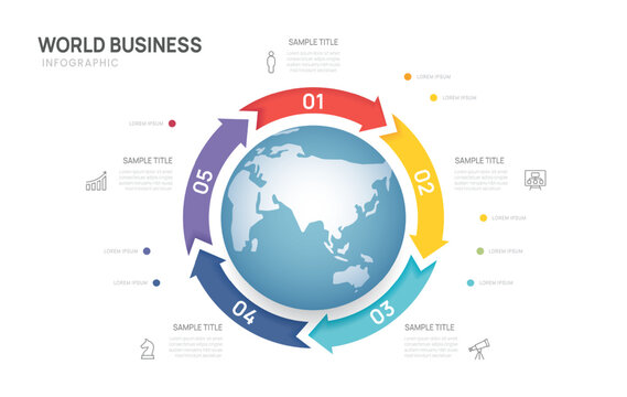 World business infographic circular circle arrow chart template 5 options, presentation with Globe and Icons elements vector illustration.