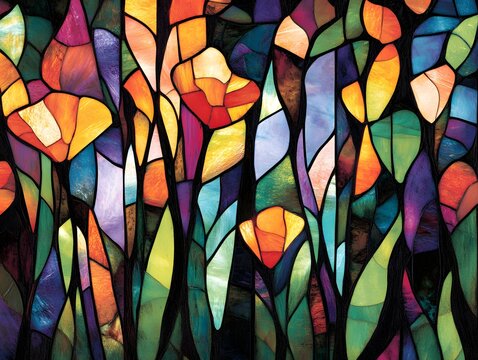 Artistic vibrant stained glass flower and leaf mosaic pattern - Powered by Adobe