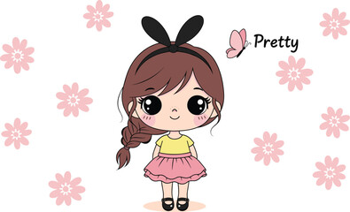 Pretty cartoon girl character, kawaii fashion pose, pink flower accents, butterfly detail, stylish outfit design, flat vector illustration