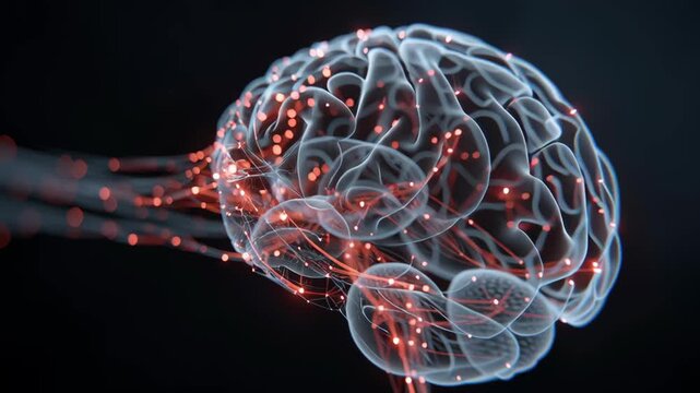 Macro close-up of abstract digital brain glowing with emotional data streams, concept of AI empathy and sentiment detection, sentiment analysis ai
