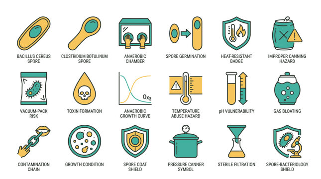 Food safety icons for bacteria and contamination risks, showing hazards like toxin formation and temperature abuse, ideal for educational materials and food industry use