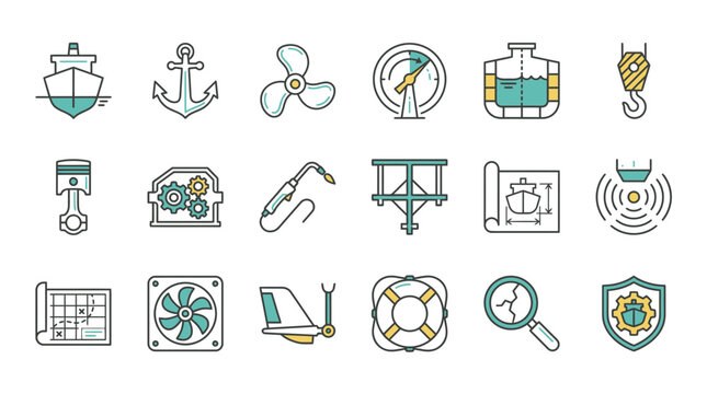 Marine engineering icons showcase ship design, maintenance, and propulsion, useful for maritime industry presentations, naval engineering projects, and educational materials