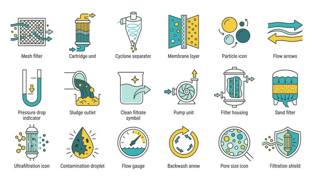 Explore essential water filtration system icons, perfect for illustrating purification processes, industrial water treatment, and environmental safety initiatives in your designs