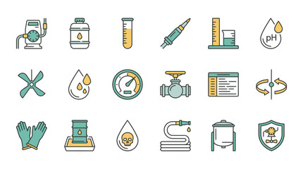 Explore industrial safety equipment and chemical processes with this collection of icons, perfect for safety manuals, lab guides, and educational materials