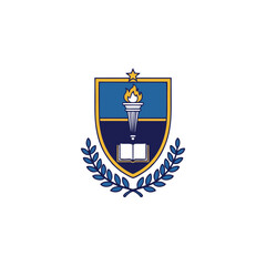 An academic emblem featuring a blue shield, open book, golden torch, and laurel wreath with the year 1982.