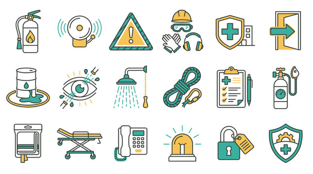 Essential safety precautions promoting workplace security, showcasing equipment, alert systems, and protective measures for a secure and healthy environment, originally vector graphics