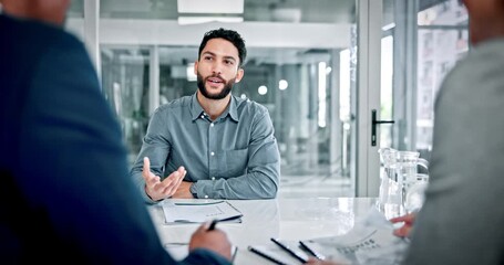 Job interview, smile and man in boardroom with document, discussion or meeting in onboarding process. Happy, contract or recruiter in office with talking, vacancy or candidate for career opportunity.