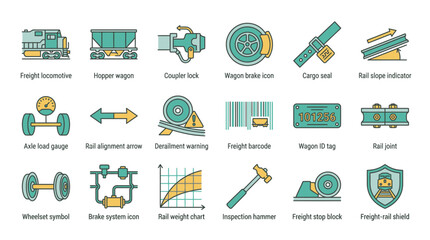 Essential railroad infrastructure and maintenance icons for efficient logistics, train safety equipment visuals showcasing freight transport technology, rail design