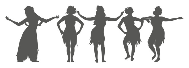 Flat design hawaiian girl silhouette. Hawaiian hula girl dancer action silhouette